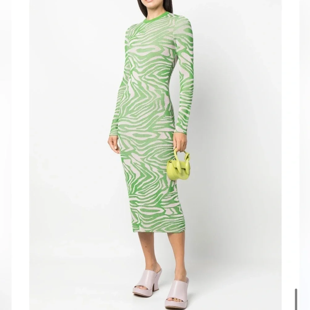 Stine Goya Chiara Knit Midi Dress Pastel Green Abstract Print Ribbed‎ Size XXS